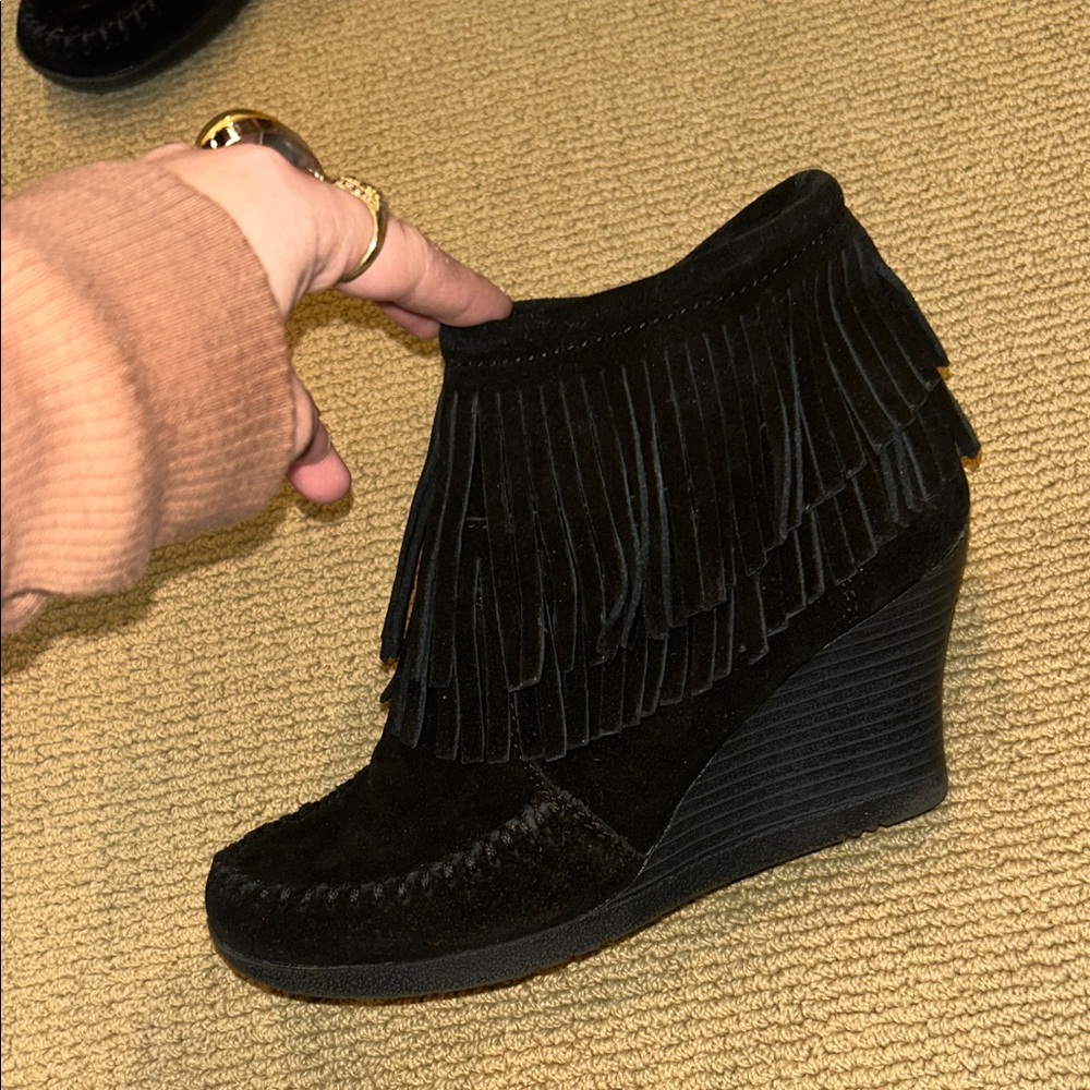 Minnetonka Black Suede Fringe Wedge Boots